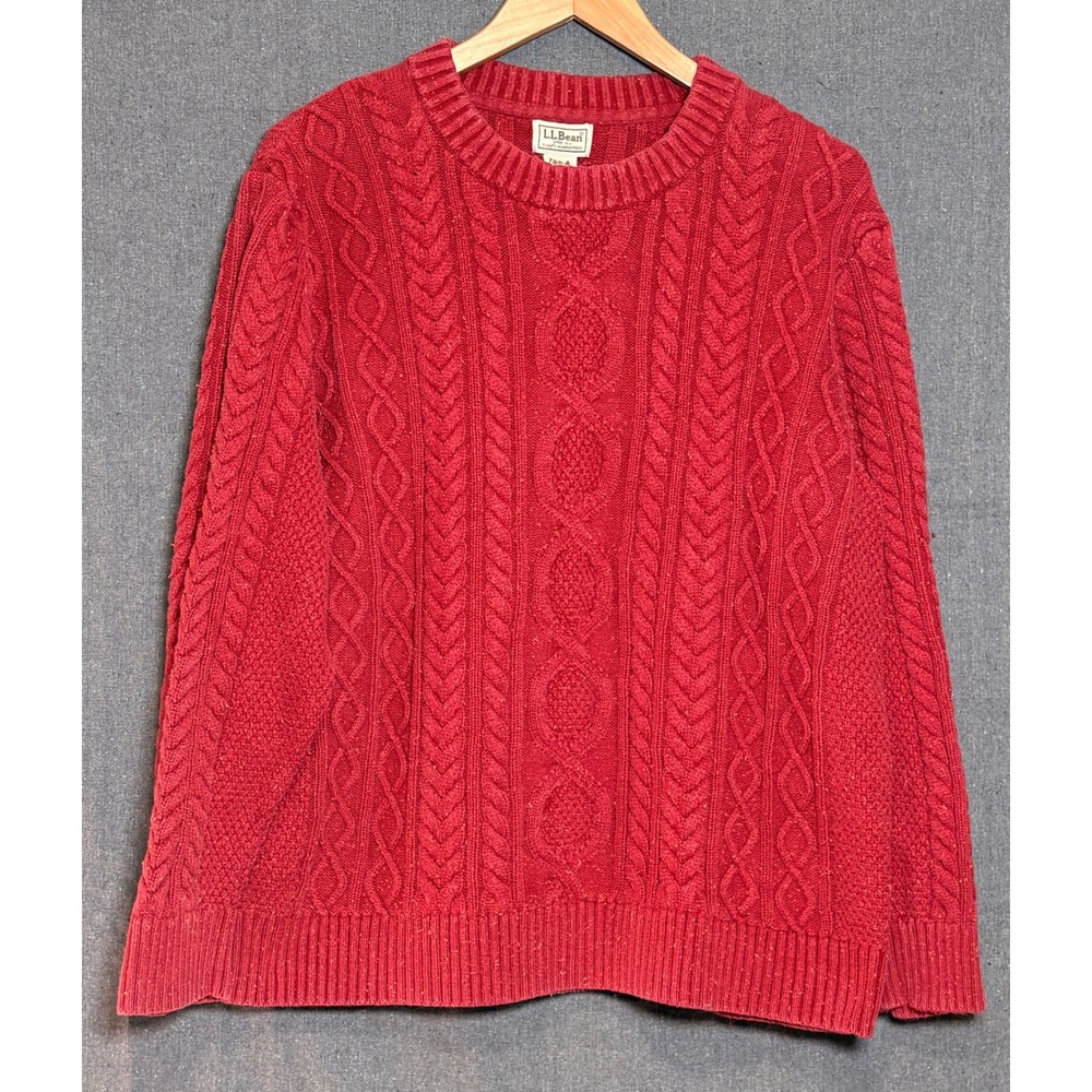 LL Bean Mens XXL Red Cable Knit Crewneck Organic Cotton Fisherman Sweater